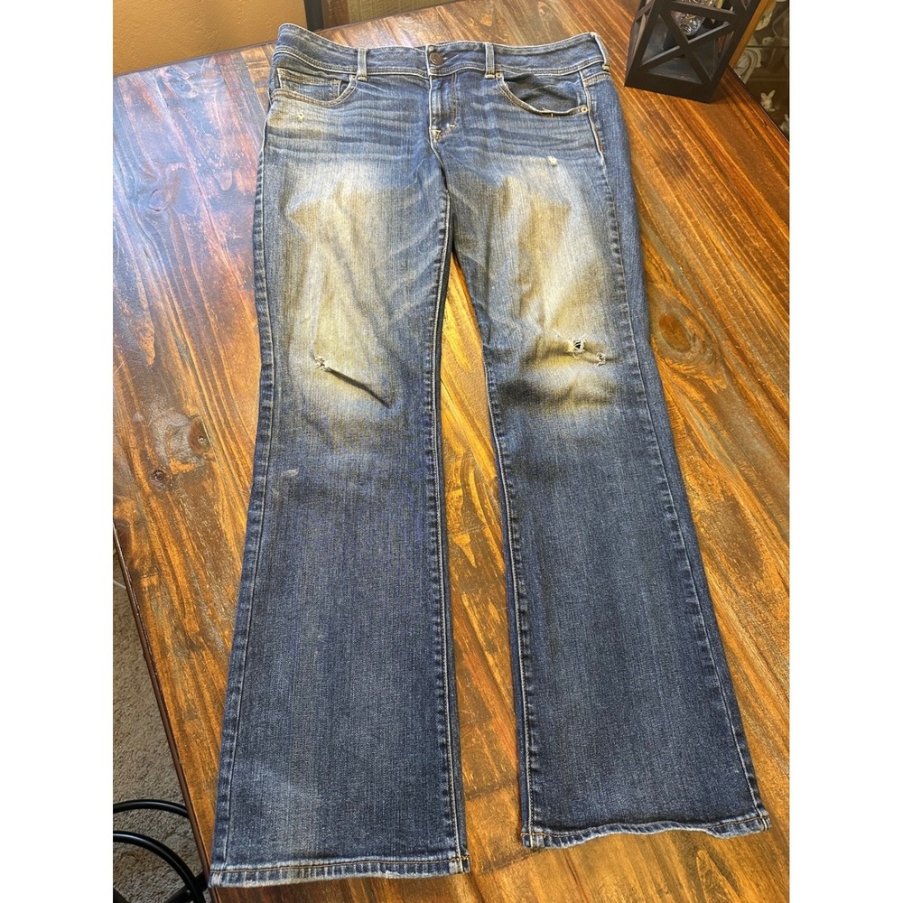American Eagle Kick Boot‎ Stretch Jeans Womens 14 Medium Wash Distressed Bootcut - Picture 2 of 9